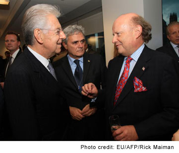 Italy’s Prime Minister Mario Monti and Sven C. Oehme, President & CEO of the European-American Business Organization at the reception to mark the opening of the new EU Delegation Office in Manhattan. (Sept. 26, 2012)